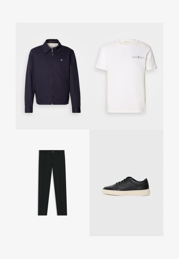 Marineblauwe jas met een kraag, ritssluiting aan de voorkant, zijzakken en een klein logodetail op de linkerborst. Glad stofoppervlak.; Witte katoenen t-shirt met ronde hals, korte mouwen en een bedrukt logo. Heeft een minimalistisch design en een relaxte pasvorm.; Zwarte dresspants met een recht pasvorm, gemaakt van een gladde stof. Heeft een sluiting met een knoop aan de voorkant en ceintuurlussen. Effen zonder patronen.; Zwarte leren sneaker met lage schacht, zwarte veters en off-white zool, weergegeven in zijprofiel op een witte achtergrond.
