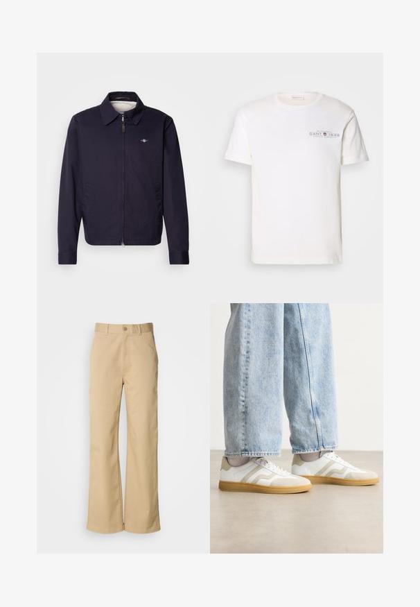 Takkia tummansinisessä värissä, jossa on kauluksellinen kaulus, etuvetoketju, sivutaskut ja pieni logo yksityiskohta vasemmassa rintataskussa. Pintamateriaali on sileä.; Valkoinen puuvillapaita pyöreällä kaula-aukolla, lyhyet hihat ja painettu logo. Sisältää minimalistisen suunnittelun ja rentoa istuvuutta.; Vaaleanbeige, leveät housut, jotka on valmistettu puuvillasekoitteesta. Ominaisuuksiin kuuluu nappikiinnitys ja vyölenkit. Laskeutuu sileästä kankaasta, jossa on minimaalinen ompelu.; Valkoiset tennarit, joissa on beige nahan korostuksia ja vaaleat kumipohjat; matala malli ja teksturoitu yläosa.