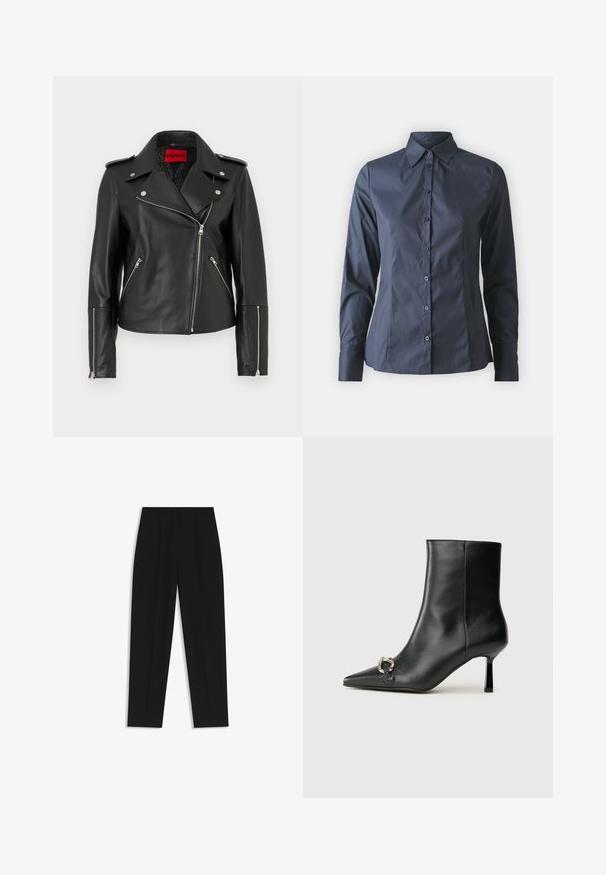 Black leather motorcycle jacket with silver hardware, a notched collar, zippered pockets, and a fitted design. Interior features brand logo.; Navy blue long-sleeve shirt with button-up front, pointed collar, and a tailored fit. Made of smooth, lightweight fabric.; Black trousers with a straight fit, featuring double pleats, a smooth texture, and a classic waistband design. No visible hardware or accents.; Black leather ankle boot with pointed toe, slim mid-height heel, and silver buckle detail on side against plain background.