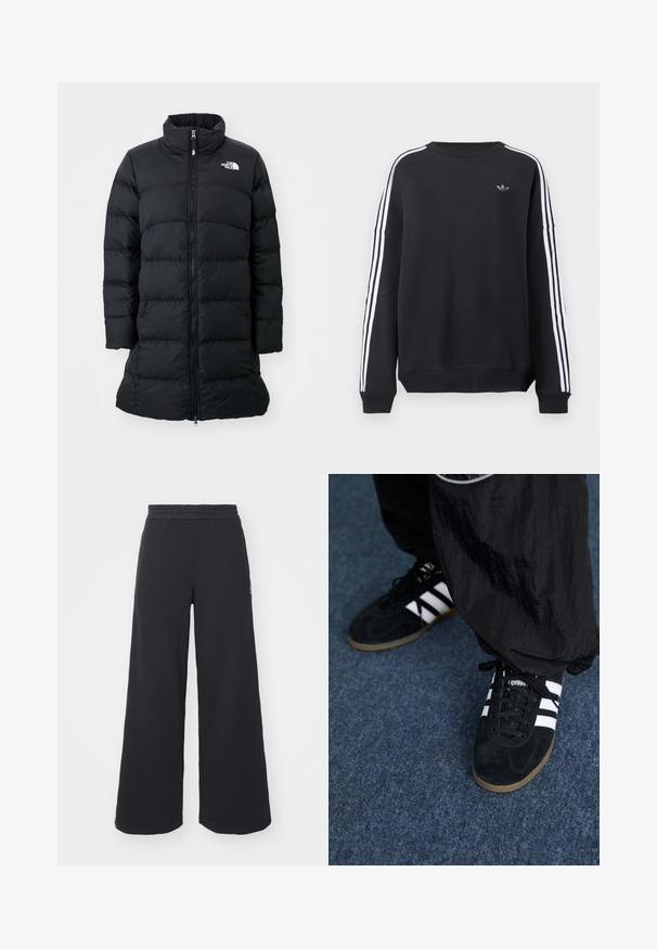 Casaco puffer preto com gola alta, fecho éclair à frente e costuras horizontais acolchoadas, apresentando um logótipo no lado esquerdo do peito. Design de comprimento médio.; Sweatshirt preta de manga comprida, com riscas brancas a correr ao longo de cada braço e um pequeno logótipo cinza no peito. Material de algodão, corte casual.; Calças de fato largas, pretas, feitas de tecido macio, com uma cintura elástica e um pequeno logótipo do lado esquerdo.; Tênis atléticos em camurça preta com três listras brancas e cadarços pretos. Uma calça preta texturizada é parcialmente visível ao lado dos tênis.