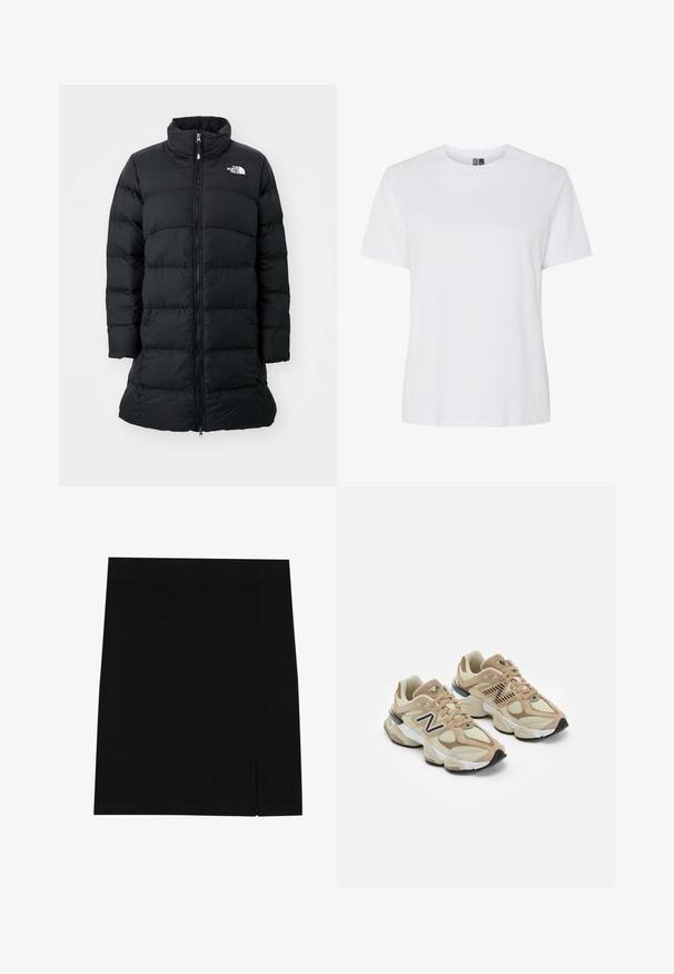 Črni napihnjen plašč z visokim ovratnikom, z zadrgo spredaj in šivi v horizontalni smeri, z logotipom na levem prsnem delu. Srednje dolga zasnova.; Bela bombažna majica s kratkimi rokavi in okroglo izrezom. Gladka tekstura, sproščen kroj in brez vidnih vzorcev ali dodatkov.; Črna mini krila iz mehkega materiala s prilegajočim se krojem, ki ima rahel razporek ob strani za dodatno podrobnost.; Bež teniske z mrežastim in semiš materialom. Imajo črn logo in teksturirane detajle. Debela bela srednja podloga in črn gumijast podplat.