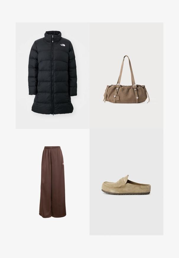 Crna puf jakna s visokim kragnom, frontom na zatvarač i šivenim horizontalnim šavovima, s logom na lijevoj strani prsiju. Jakna srednje dužine.; Bijela pamučna majica s kratkim rukavima i okruglim izrezom. Glatka tekstura, ležeran kroj i bez vidljivih uzoraka ili akcenta.; adidas Originals Donji dijelovi trenirke - auburn cream white; Birkenstock NAPLES WRAPPED LEVE TAUPEN - REGULAR - Natikače - taupe; Smeđa nubuk torba s nabranim vrhom, srebrnim metalnim detaljima i dva remena za nošenje. Karakterizira je pravokutni oblik i minimalistički dizajn.