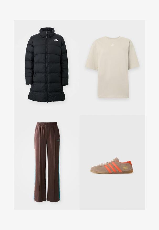 Casaco puffer preto com gola alta, fecho éclair à frente e costuras horizontais acolchoadas, apresentando um logótipo no lado esquerdo do peito. Design de comprimento médio.; T-shirt bege de manga curta feita de algodão, com gola redonda e pequeno logótipo branco da Adidas impresso no peito. Textura suave, corte descontraído.; Calças atléticas castanhas com uma textura canelada, cintura elástica e riscas laterais turquesa. Apresentam o logo da adidas na frente.; Sapatilhas de camurça castanha com três riscas laranjas brilhantes, atacadores à frente e logo dourado "Gazelle" na lateral. Sola de borracha plana.