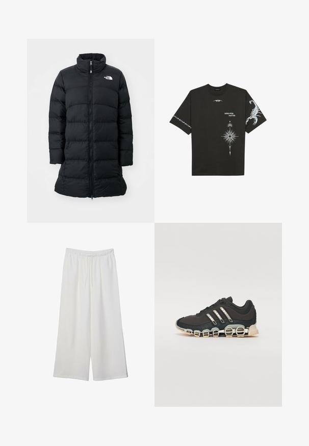 Czarna puchowa kurtka z wysokim kołnierzem, zamek błyskawiczny z przodu oraz przeszywanymi poziomymi szwami, posiadająca logo po lewej stronie klatki piersiowej. Kurtka o średniej długości.; Czarna bawełniana koszulka z białymi nadrukami graficznymi, w tym skorpionem i abstrakcyjnymi wzorami. Krótkie rękawy; okrągły dekolt.; Białe szerokie spodnie wykonane z lekkiego materiału, z elastyczną talią i sznurkiem do regulacji fasonu. Gładka tekstura.; Czarne sportowe buty z teksturowaną cholewką, trzema srebrnymi paskami i charakterystyczną podeszwą z amortyzacją, składającą się z wielu zintegrowanych sekcji.