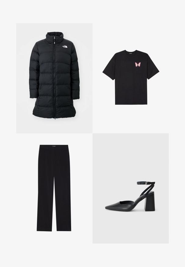 Cappotto imbottito nero con colletto alto, zip frontale e cuciture orizzontali, con un logo sul lato sinistro del petto. Design di lunghezza media.; T-shirt nera in cotone con maniche corte, caratterizzata da una piccola grafica di una farfalla rosa sul lato sinistro del petto. Design a girocollo con una vestibilità rilassata.; Pantaloni in corduroy neri con taglio dritto, dotati di vita piatta e senza tasche visibili, texture liscia e dettaglio a righe verticali.; Pump in pelle nera con punta affusolata, cinturino alla caviglia e tacco spesso. Texture piatta, design elegante ed estetica minimalista.