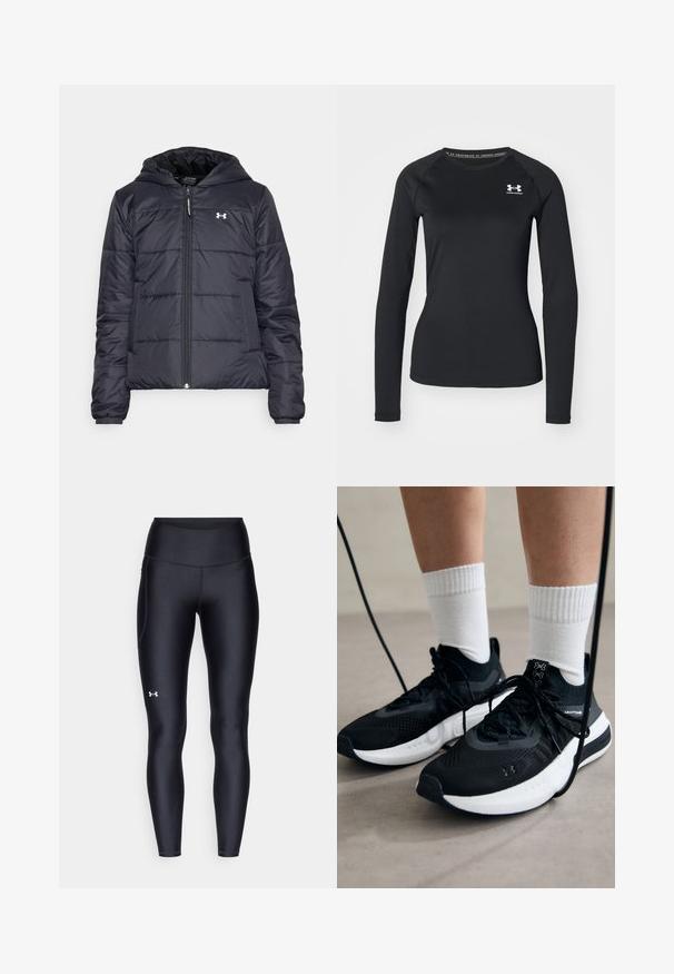 Tamsiai mėlynas pūkinis švarkas su kapuce, su užtrauktuku ir raukšlėtomis rankovėmis. Turintis subtilių siuvimo detalų ir logotipą kairėje krūtinės pusėje.; Juoda ilgarankovė sportinė marškinėlė, pagaminta iš lygaus audinio, su apvaliu kaklu ir maža balta logotipu kairėje krūtinės pusėje.; Juodos leggingai, pagaminti iš lygaus, elastingo audinio su aukštu juosmeniu. Kairiajame šlaunyje yra baltas logotipas ir tvirta konstrukcija.; Juodi sportiniai batai su tekstūruotu audiniu, balta padu ir juodais raiščiais. Dėvimi su baltais raištiniais kojiniais, stovint lengvame paviršiuje.