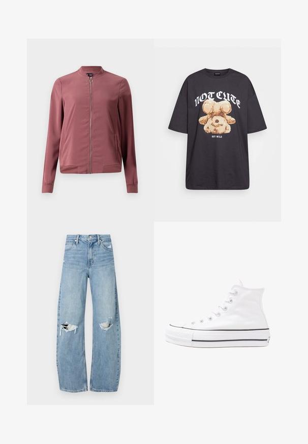 Veste bomber légère de couleur bordeaux avec un col rond, fermeture éclair avant et deux poches latérales. Présente des poignets et un ourlet côtelés pour un look ajusté.; T-shirt noir oversize avec un graphique d'un ours et le texte « PAS MIGNON MAIS SAUVAGE » en lettres blanches, en gras. Matériau en coton.; Jeans en denim bleu clair à taille haute. Présentent des jambes larges, deux zones déchirées aux genoux et un style classique à cinq poches.; Baskets montantes en toile blanche avec semelle en caoutchouc noir, capuchon en caoutchouc à l'avant, et six œillets pour les lacets, présentant un design épuré et minimaliste.