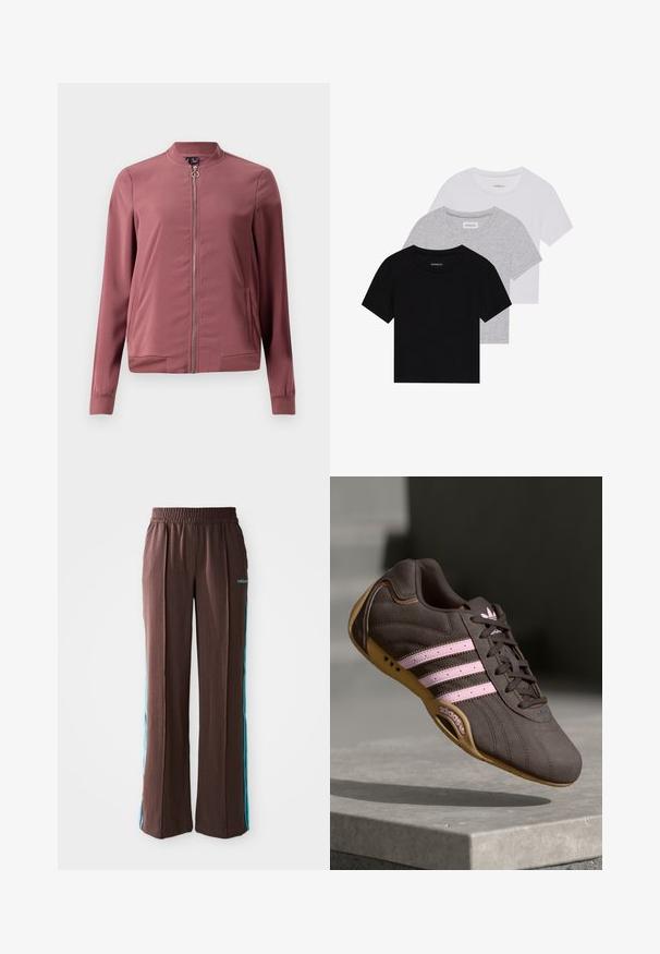 Lichtgewicht, kastanjebruine bomberjack met een ronde kraag, rits aan de voorkant en twee zijzakken. Heeft ribgebreide manchetten en onderrand voor een aansluitende look.; Set van drie korte mouwen t-shirts in zwart, grijs en wit. Gemaakt van katoen, met een ronde hals en een eenvoudig, effen kleurontwerp.; Bruine sportbroek met een ribbelstructuur, elastische tailleband en turquoise zijstrepen. Voorzien van het adidas-logo aan de voorkant.; Bruine suède sport schoen met roze strepen en logo, voorzien van een gestructureerde bovenkant, vetersluiting en een gumrubberen zool.