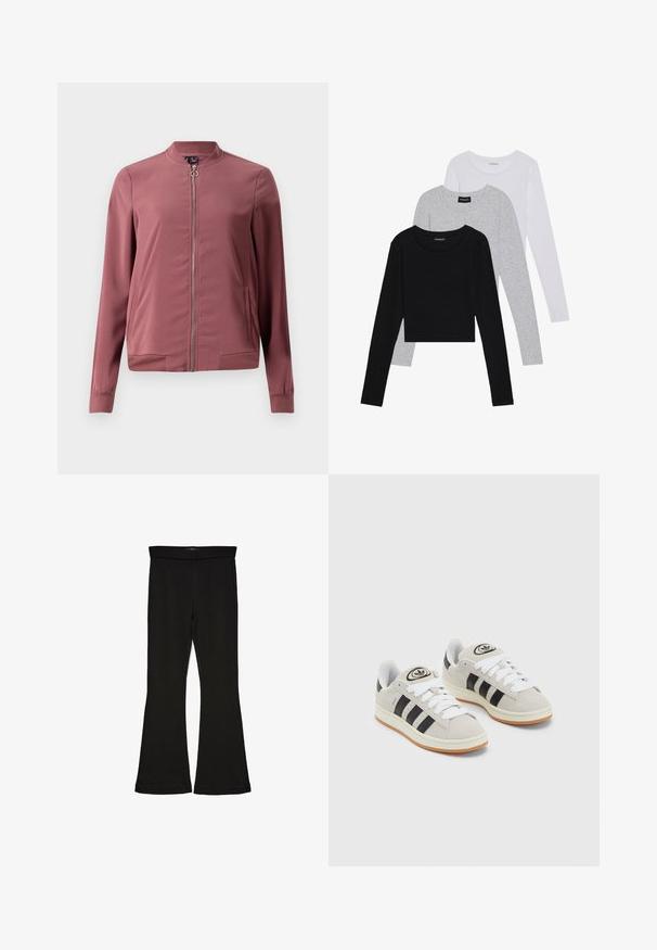 Veste bomber légère de couleur bordeaux avec un col rond, fermeture éclair avant et deux poches latérales. Présente des poignets et un ourlet côtelés pour un look ajusté.; Trois hauts à manches longues empilés : noir, gris et blanc. Chacun a un col rond et un design court avec un tissu lisse et léger.; Leggings évasés noirs en tissu extensible. Présentent une taille large et une texture lisse, avec une coupe ajustée qui s'évasent au bas.; Baskets en suède gris avec des lacets blancs, des rayures noires et une semelle en caoutchouc blanc. Présentent un logo circulaire sur la languette et une semelle en gomme.