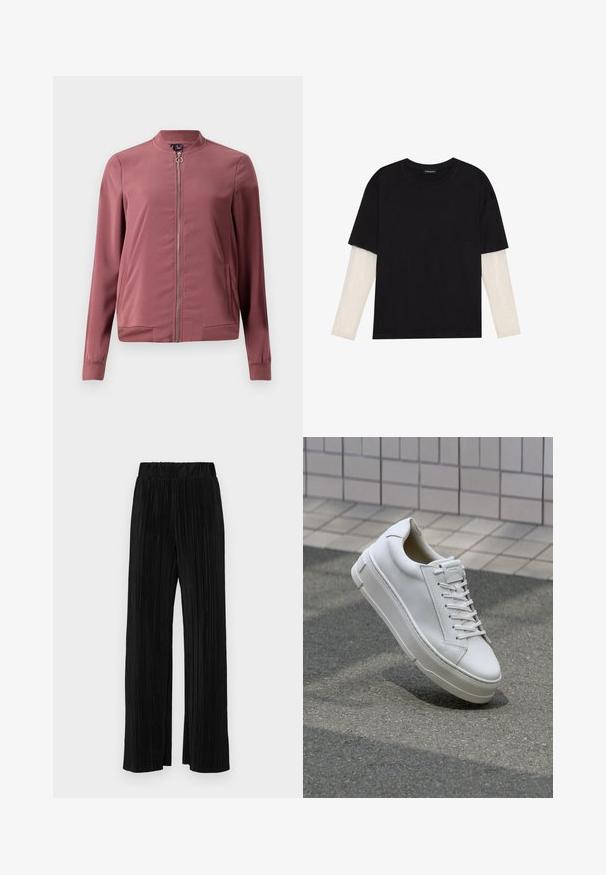 Kevyt, viininpunainen bomber-takki, jossa on pyöreä kaulus, etuvetoketju ja kaksi sivutaskua. Varustettu ribbaustetuilla hihansuilla ja helmalla, mikä luo istuvan ilmeen.; Mustapaita, joka on valmistettu puuvillasta ja jossa on lyhyet hihat valkoisen pitkähihasen kerroksen päällä, jossa on hienovarainen teksturoitu kuvio. Pyöreä kaula-aukko.; Mustat pleatatut housut, joissa on joustava vyötärö. Ominaisuuksiin kuuluvat leveät lahkeet ja sileä, teksturoitu kangas, jossa on pystysuoria raitoja.; Valkoinen nahkalenkkari, jossa on matalan kannan muotoilu, litteät nauhat, pyöristetty kärki ja texturoitu sivu. Paksu kumipohja, jossa on hillittyjä yksityiskohtia.