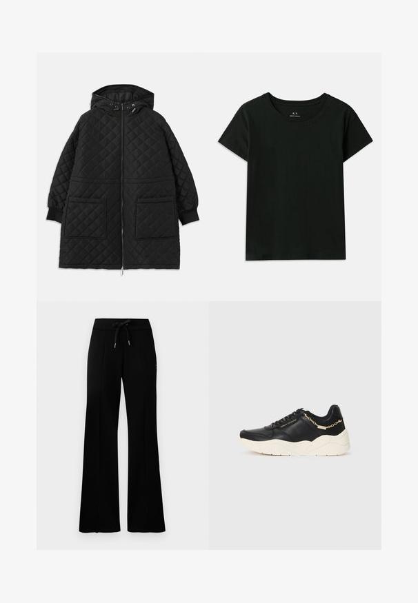 Melnā quiltota kapuce ar priekšējo rāvējslēdzēju, divām lielām kabatām, piedurknēm ar aprocēm un regulējamām auklām uz kapuces.; Melnā īsās piedurknes T-kreklā, kas izgatavots no kokvilnas. Piedāvā apaļu kakla izgriezumu un augšējiem pleciem iepresētu "Armani Exchange" tekstu. Vienkāršs dizains.; Melnas platās svārku bikses ar sašūtu jostu, sānu iegriezumiem, mīkstu audumu un glītu dizainu.; Melnas ādas skriešanas kurpes ar masīvu krēmu krāsas zoli, zeltainu ķēdes akcentu un melnām šņorēm. Gluda tekstūra ar iepriekš iespiestu zīmolu uz sāniem.