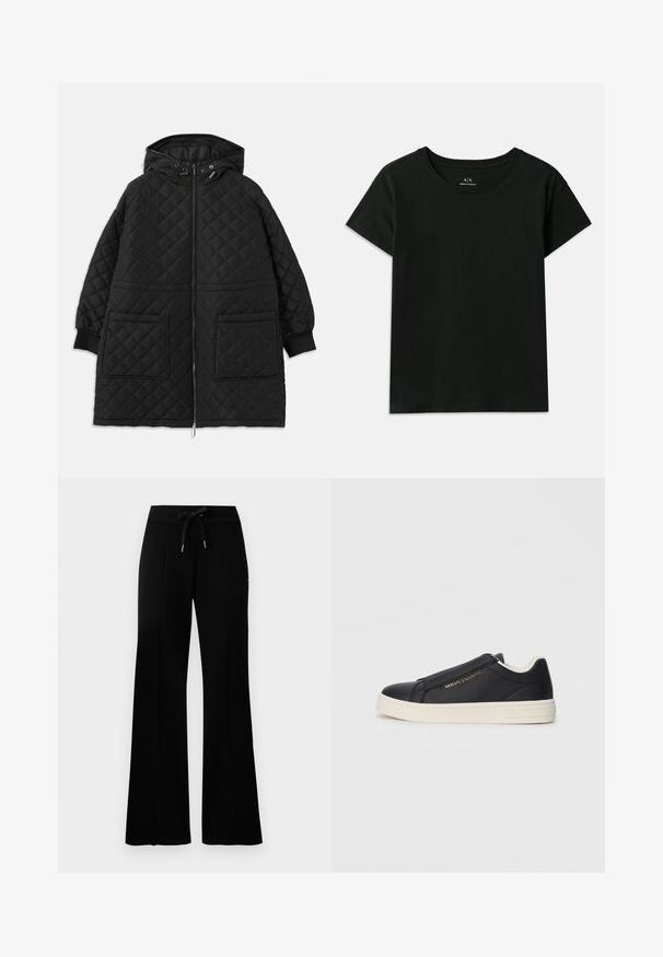 Fekete, steppelt kapucnis kabát, elülső cipzárral, két nagy foltpockettal, felhajtott ujjakra, és állítható húzózsinórral a kapucnin.; Fekete, rövid ujjú pamut póló. Kerek nyakú, az „Armani Exchange” felirat dombornyomott formában található a vállnál. Egyszerű dizájn.; Fekete, bő lábú melegítőnadrág, befestett derékkal, oldalsó hasítékokkal, puha anyagból készült, letisztult dizájnnal.; Fekete bőr slip-on sneaker fehér talppal, arany "Armani Exchange" logóval az oldalán és minimalista varrási részletekkel.