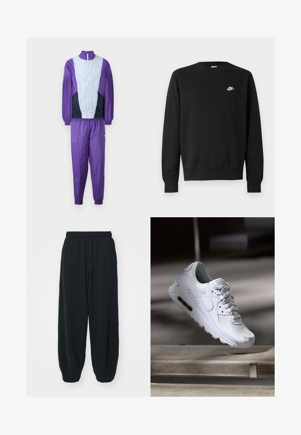 Purple and gray tracksuit featuring a zip-up jacket and matching pants, designed for athletic wear. Nike logo visible on the jacket.; Black sweatshirt made of cotton, featuring a round neck, long sleeves, and a small white Nike logo on the upper left chest.; Black, elasticated-waist sweatpants with a loose fit, cuffed ankles, smooth texture, and no visible patterns or hardware accents.; White Nike Air Max 90 sneaker featuring a mesh and leather upper, perforated toe box, and a visible air unit in the heel.