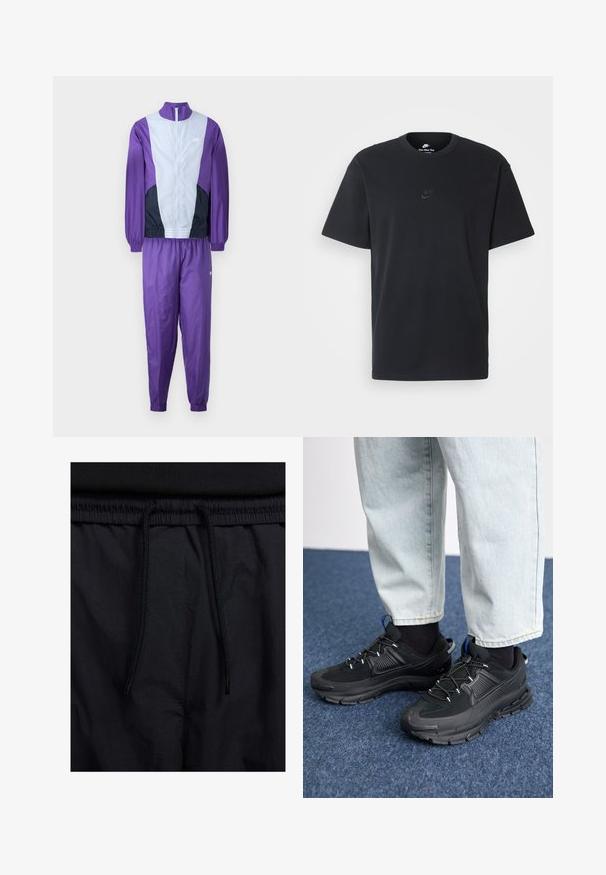 Fialový a šedý teplákový súprava s kabátom na zips a zodpovedajúcimi nohavicami, navrhnutá na športové nosenie. Logo Nike je viditeľné na kabáte.; Čierne bavlnené tričko Nike s klasickým okrúhlym výstrihom, krátkymi rukávmi a jemne embosovaným logom na hrudi. Hladká textúra.; Čierne šortky s pásom na stiahnutie, z ľahkej látky s hladkou textúrou a jednoduchým dizajnom bez viditeľných log alebo vzorov.; Čierne športové topánky s textúrovanou tkaninou a gumovou podrážkou, so elastickými šnúrkami a modrým akcentom na päte. Nosia sa s svetlými riflami.