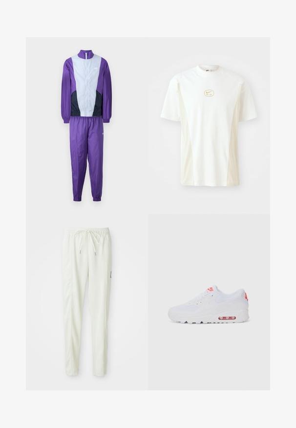 Violetinė ir pilka treniruočių apranga, kurią sudaro zip-up striukė ir derančios kelnės, skirtos sportinei veiklai. Nike logotipas matomas ant striukės.; Trumpas rankovėmis, apvaliu kaklu marškinėliai balti ir šviesiai smėliniai. Su mažuoju aukso Nike logotipu ant krūtinės ir lygiu medvilnės tekstūra.; Baltos lieknos jogger kelnes su elastinga juosta ir raišteliu, turinčios šonines siūles ir mažą juodą emblemą dešinėje kojoje.; Baltos sportinės sneaker'iai, turintys lygų paviršių, raištelių uždarymą, paminkštintą padą ir matomą oro vienetą su raudonomis akcentais ant prekės ženklo.