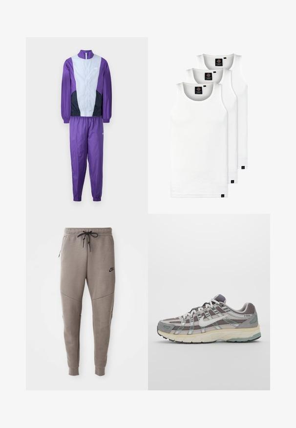 Fioletowy i szary dres składający się z kurtki na zamek oraz pasujących spodni, przeznaczony do odzieży sportowej. Logo Nike widoczne na kurtce.; Trzy białe prążkowane koszulki na ramiączkach wykonane z bawełny. Posiadają okrągły dekolt i małe czarne metki blisko dolnego brzegu. Dostępne w różnych rozmiarach.; Szare dresy Nike z elastycznym pasem ze sznurkowym zapięciem, zwężanymi nogawkami, bocznymi kieszeniami i wyraźnymi detalami szwów. Miękka, teksturowana tkanina.; Szare buty sportowe z siateczkowym i zamszowym wierzchem, białymi akcentami, amortyzowaną podeszwą oraz charakterystycznym designem z elementami odblaskowymi.