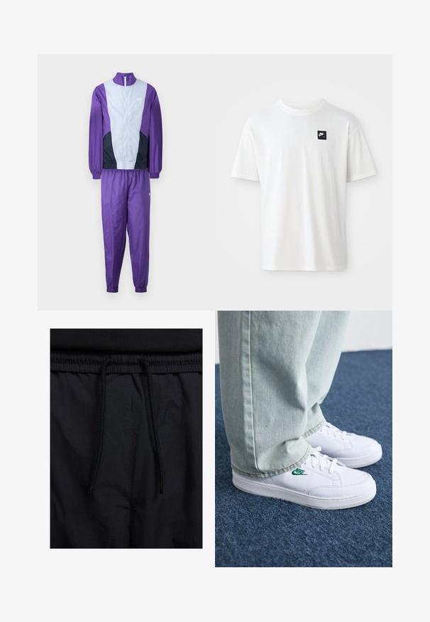Vijolična in siva trenirka z zadrgo in usklajenimi hlačami, zasnovana za športno oblačenje. Na jakni je viden Nike logotip.; Bela bomba iz 100% bombaža s kratkimi rokavi in okroglim izrezom; na levem prsnem delu ima majhen črn pravokotni logotip Nike Air.; Črne kratke hlače z vrvico v pasu, lahkotna tkanina z gladko teksturo in preprosto zasnovo brez vidnih logotipov ali vzorcev.; Bela usnjena športna obutev z zelenim Nike logotipom, okrogla konica, ravna podplat, v kombinaciji z svetlo modrimi kavbojkami, prikazana na modrem preprogu.