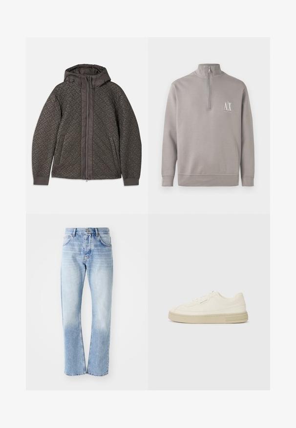 Vatteret mørkegrå jakke med hætte, der har et geometrisk mønster, fuld lynlåslukning og elastiske manchetter. Blødt tekstureret stof.; Lysegrå kvart-zip trøje lavet af blødt materiale, med et lille hvidt logo på brystet samt elastiske manchetter og kant.; Lyseblå denim jeans med lige ben. Har en fem-lomme design, knaplukning og en falmet tekstur mod bunden.; Hvide kanvas sneakers med en tekstureret gummisål, der har en syet tåhætte og logoaccent på hælen. Simpel snørebåndsdesign.