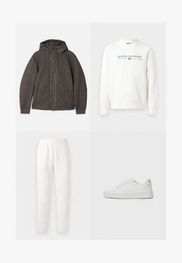 Padded temno sivi jopič z kapuco, ki ima geometrijski vzorec, popolno zadrgo in elastične manšete. Mehka teksturirana tkanina.; Bela sweatshirt s krožnim izrezom, dolgimi rokavi in rebrastimi manšetami. Ima natisnjen logotip "Armani Exchange 1991" v modri in zeleni barvi.; Bele športne hlače iz mehkega blaga, z elastičnim pasom, zoženimi nogami in majhnim logotipom na levi strani.; Bela usnjena športna obutev z gladko površino, okroglo prst, ravne vezalke in teksturiran podplat. Ima diskretno logo na peti.