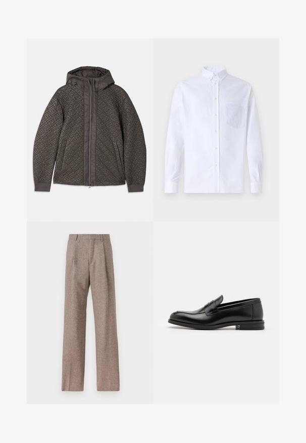Töltött sötétszürke kabát, kapucnival, geometrikus mintával, teljes hosszúságú cipzárral és rugalmas mandzsettákkal. Puha, texturált anyag.; Fehér, hosszú ujjú, gombos ing pamutból, mellzsebbel, tónusos hímzéssel, gallérral és gombos mandzsettával.; Barna, magas derekú nadrág texturált anyagból. Széles szárai és két elülső redője biztosítja a struktúrát. Ízléses kivitel, látható fémszerelés nélkül.; Fekete bőr loaferek sima textúrával, kerek orral és dekoratív pánttal a vampnál. Alacsony, rétegelt sarkú, minimalista dizájn.