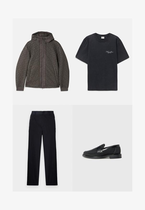 Kvaliteetne tumehall kapuutsiga jakk, millel on geomeetriline muster, täispikk tõmblukk ja elastsed mansetid. Pehme tekstuuriga kangas.; Must have lühikesed varrukad ümmarguse kaelusega must T-särk, millel vasakul rinnal on väike valge "Filling Pieces" teksti logo.; Mustad püksid, millel on kerge, tekstuuriga kangas, sirge jala disain, elastne vöökoht ja küljetaskud sipsiga.; Must musta kootud slip-on king, millel on pehme nahast accent ülaserval, ümmargune varvas ja madal profiiliga kummitald.