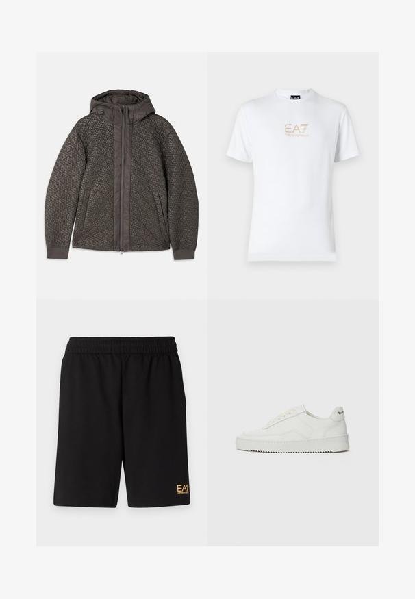 Pikowana ciemnoszara kurtka z kapturem, z geometrycznym wzorem, pełnym zapięciem na zamek i elastycznymi mankietami. Miękka, teksturowana tkanina.; Biała bawełniana koszulka z okrągłym dekoltem i krótkimi rękawami, z nadrukowanym z przodu złotym logo EA7 Emporio Armani.; Czarne sportowe szorty wykonane z miękkiego materiału, z elastycznym paskiem w talii oraz małym, żółtym logo EA7 na dolnej lewej nodze.; Białe skórzane sneakersy o gładkim wykończeniu, okrągłym nosku, płaskich sznurówkach i teksturowanej podeszwie. Charakteryzują się delikatnym logo na pięcie.