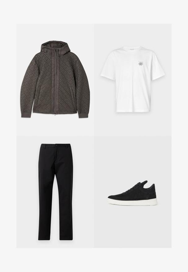 Quilted dark gray jacket with a hood, featuring a geometric pattern, full zipper closure, and elastic cuffs. Soft textured fabric.; White t-shirt made of cotton featuring short sleeves, a crew neck, and a small gray logo on the left chest area. Smooth texture.; Black straight-leg trousers with button and zip closure, belt loops, and front pockets, displayed on white background.; Black suede sneaker with a white rubber sole, featuring tonal stitching and lace-up design. Smooth texture with a modern, streamlined shape.