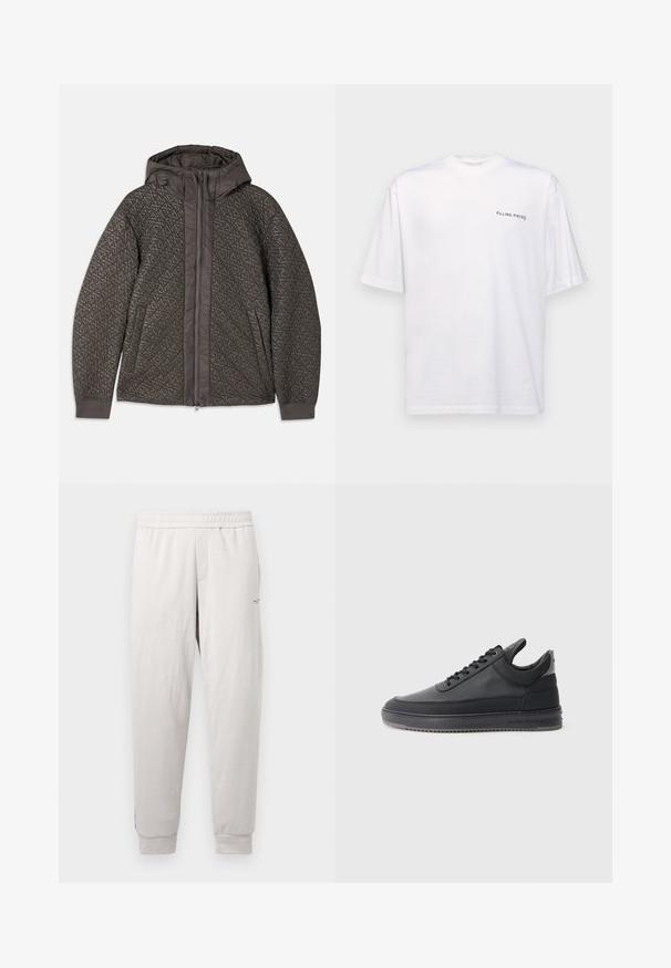 Kvaliteetne tumehall kapuutsiga jakk, millel on geomeetriline muster, täispikk tõmblukk ja elastsed mansetid. Pehme tekstuuriga kangas.; Valge lühikeste varrukatega T-särk puuvillast, V-kaelusega, millel on must "FILLING PIECES" logo trükitud vasakule poole.; Sinate hallid kergelt hallidest spordipüksidest, millel on elastne vöökoht, küljetaskud, ribadega mansetid ja diskreetne bränding jalal, valmistatud pehmest kangast.; Mustad nahkkingad tekstuurse pinnaga, kinnitatavad paeltega, madala varbaga ning hall kummitald, millel on sooneline äär.