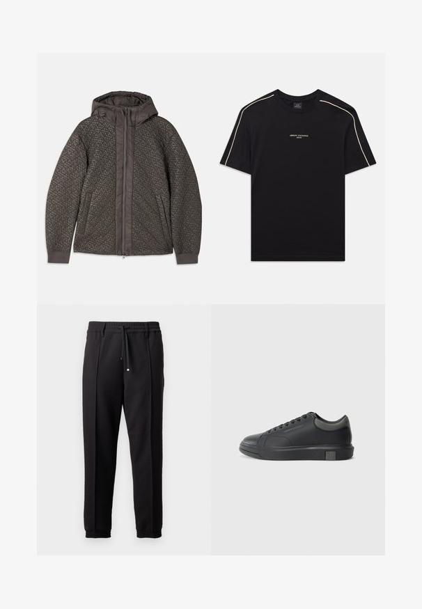 Quiltet, mørk grå jakke med hette, med et geometrisk mønster, hel glidelås og elastiske mansjetter. Mykt teksturert stoff.; Svart bomulls t-skjorte med korte ermer, rund hals, beige detaljer på skuldrene, og ARMANI EXCHANGE-logoen i midten.; Sorte bukser med liv, snor og elastiske mansjetter. Har plisséer og et glatt, teksturert stoff.; Sorte lærersneakers med en glat finish, rund tå og mørkegrå detaljer. Har snørebånd og en struktureret gummisål.