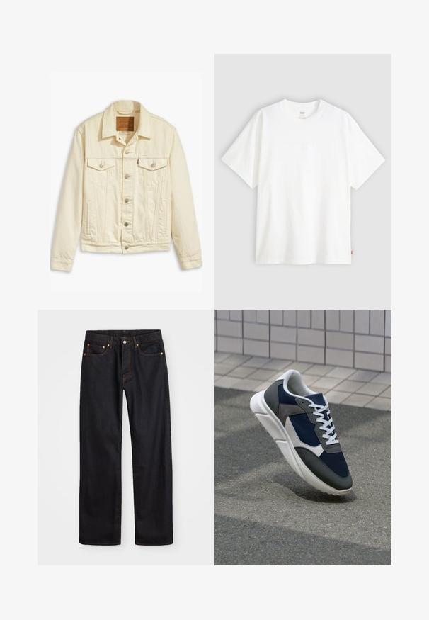 Levi's® TRUCKER - Traper jakna - everlasting light; Bijela kratka majica od pamuka s okruglim izrezom. Sadrži suptilni reljefni logo detalj sprijeda i crvenu oznaku na rubu.; Muške traperice ravnog kroja, crne boje, s pet džepova i narančastim šavovima, sa zatvaranjem na dugme i patentni zatvarač na prednjem dijelu struka.; Tenisice s gornjim dijelom od mrežastog materijala tamnoplave boje, siva antilopova naglašavanja, bijela gumena potplat i ravne bijele vezice, dizajnirane za udobnost i prozračnost.