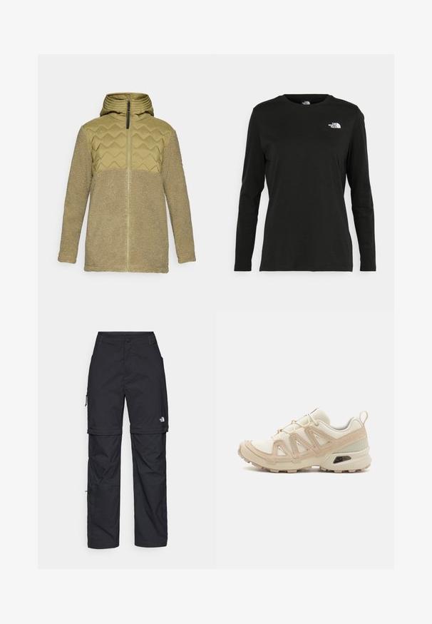 Beige fleecejakke med quiltet brystpanel og hette, hel foran glidelås og lange ermer, vist på en ensfarget bakgrunn.; Svart langermet T-skjorte laget av bomull med rund hals. Har en liten hvit logo på venstre brystområde. Enkelt design og passform.; Svarte nylon cargo-bukser med glidelås og justerbare mansjetter, flere lommer og en logo på høyre bein. Glatt, lett tekstur.; Beige og krem joggesko med teksturert mesh-overdel, støttende overlegg og gummisåle med et mønster for godt grep.