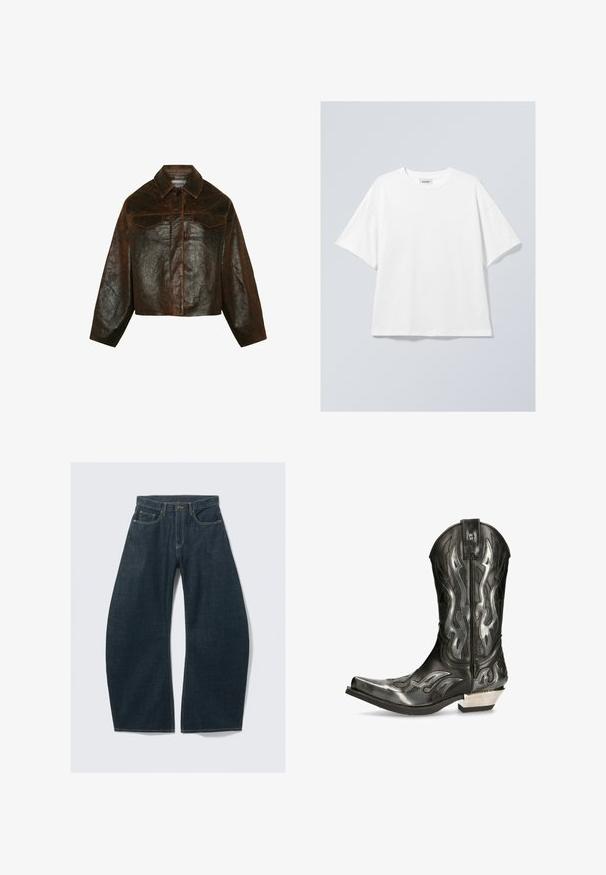 Minimum Leren jas - seal brown; Witte katoenen T-shirt met een ronde halslijn en korte mouwen. Ontspannen pasvorm zonder zichtbare patronen of accenten. Soepele textuur.; Donkerblauwe wijd uitlopende jeans van denim, met vijf zakken, zichtbare stiksels, een knoopsluiting en een nette afwerking.; Zwarte leren cowboylaars met zilveren vlampatronen, spitse neus en een lage zilveren hak. Beschikt over stikdetails en een treklabel.