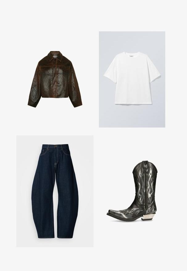 Minimum Lederjacke - seal brown; Weißes Baumwoll-T-Shirt mit rundem Ausschnitt und kurzen Ärmeln. Entspannter Schnitt ohne sichtbare Muster oder Akzente. Glatte Textur.; Dunkelblaue Jeans mit weitem Bein, ausgeführt mit auffälligen Nähten, fünf Taschen und einem Messingknopfverschluss am Bund.; Schwarze Leder-Cowboystiefel mit silbernen Flammenmustern, spitzer Spitze und einem niedrigen silbernen Absatz. Verfügt über Stickdetails und eine Ziehhilfe.