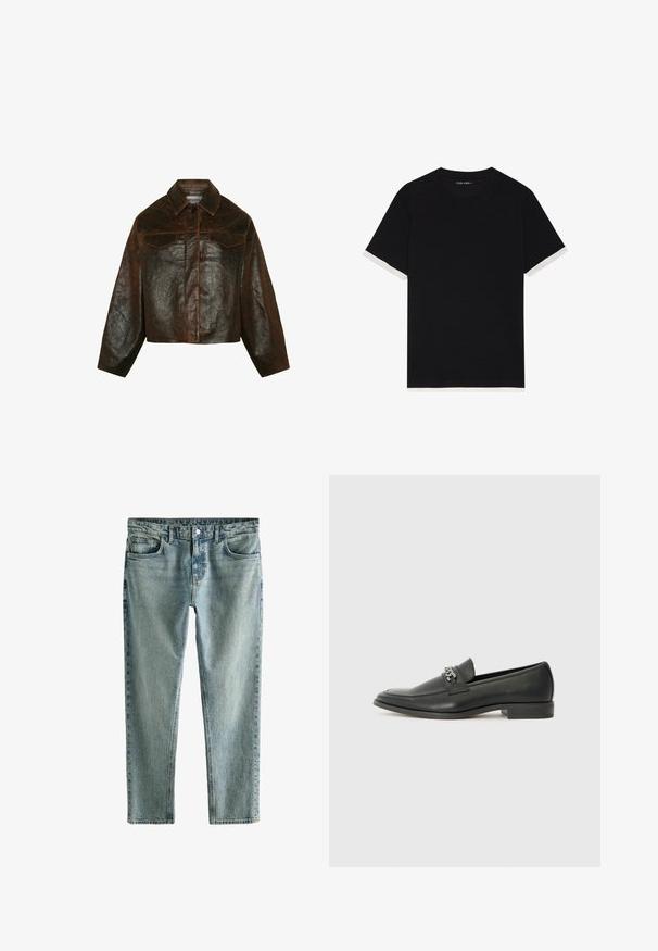 Minimum - Kurtka skórzana; Czarny t-shirt z krótkim rękawem o teksturowanej tkaninie, z białymi akcentami na mankietach. Okrągły dekolt, luźny krój.; Jasnoniebieskie dżinsy o dopasowanym kroju, pięć kieszeni, zapięcie na guzik i lekkie przetarcia, z prostymi nogawkami.; Czarne skórzane mokasyny o gładkim wykończeniu, z haftowanym wzorem i dekoracyjnym akcentem z metalowego łańcucha na wierzchu. Płaska pięta.