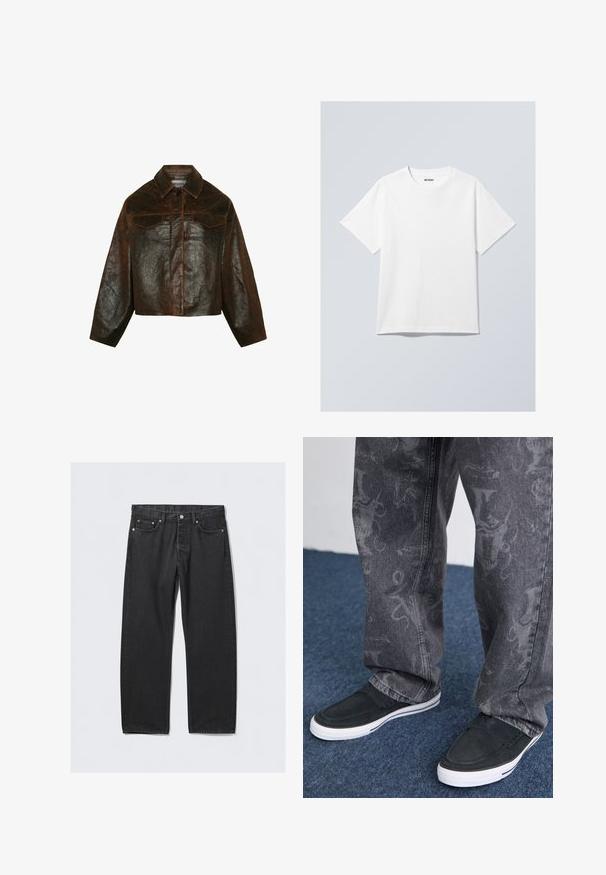 Minimum Ādas jaka - seal brown; Balta kokvilnas T-kreklu ar apaļu kakla izgriezumu, īsām piedurknēm un brīvu griezumu. Uz kakla ir zīmola birka ar uzrakstu "WEEKDAY".; Melni džinsi ar taisno kāju griezumu, ar pogu aizdari, piecām kabatām un vara tonī veidotiem aksesuāriem. Gluda tekstūra.; Melnas slip-on kurpes ar baltu zoli, ar tekstūru, apvienotas ar pelēkiem džinsiem ar smalku rakstu, uz zilā paklāja fona.