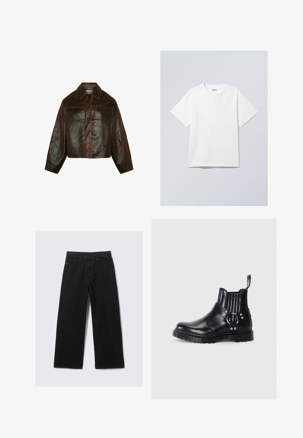 Minimum Giacca di pelle - seal brown; Maglietta bianca in cotone con collo rotondo, maniche corte e vestibilità comoda. Presenta un'etichetta di marca con la scritta "WEEKDAY" sul collo.; Pantaloni neri a gamba larga realizzati in denim, con un classico design a cinque tasche e una cintura strutturata con passanti per cintura.; Stivali ankle in pelle nera con lati elastici a coste, un accento in metallo a forma di fibbia e una suola testurizzata per una maggiore aderenza.