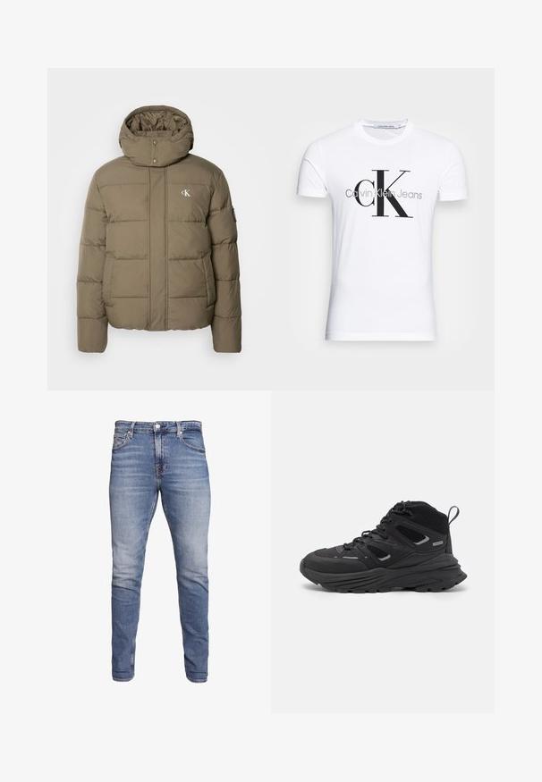 Calvin Klein Jeans ESSENTIALS JACKET - Talvejope - tarmac; Valge puuvillane T-särk, millel on must "CK" logo ja "Calvin Klein Jeans" tekst, lühikesed varrukad ning klassikaline ümmargune kaelus.; Sinine teksapükste slim fit lõige, keskmise kõrgusega vöökoht, viie taskuga disain, pleekinud värv ja kerge hõõrdumine esi- ja tagaosal.; Mustad matkajalatsid, millel on kihiline disain, tekstureeritud kangas ja kummist tallad, tugevduskohtadega ning sidumisfront.