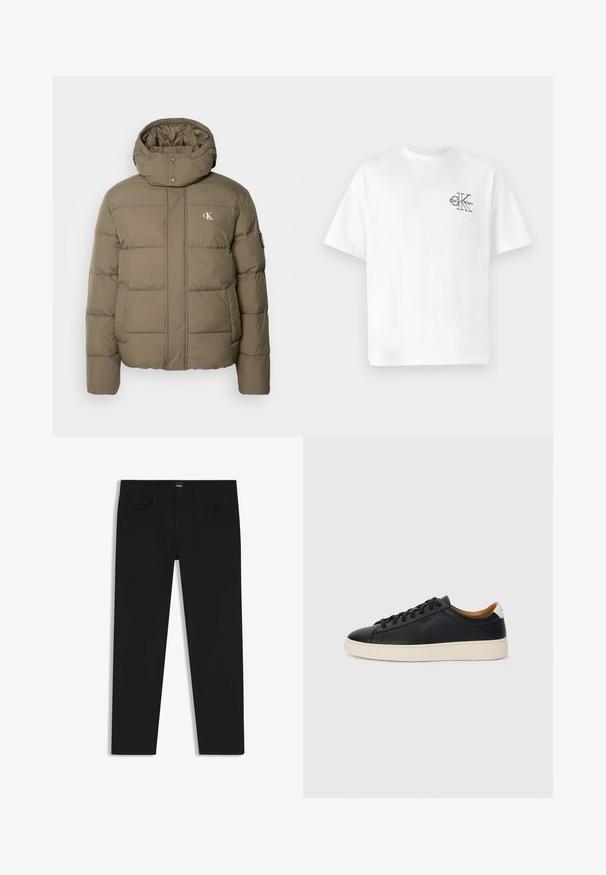 Calvin Klein Jeans ESSENTIALS JACKET - Vinterjakker - tarmac; Hvid bomulds t-shirt med korte ærmer, rund hals, med et sort CK-logo på venstre brystområde, standard pasform, glat tekstur.; Sorte denimbukser med lige pasform, der har en standard talje, fem lommer og en knaplukning. Glat struktur over det hele.; Sorte lædersneakers med en glat overflade, beige gummisål, snørebåndsdesign og en kontrastfarvet hæl.