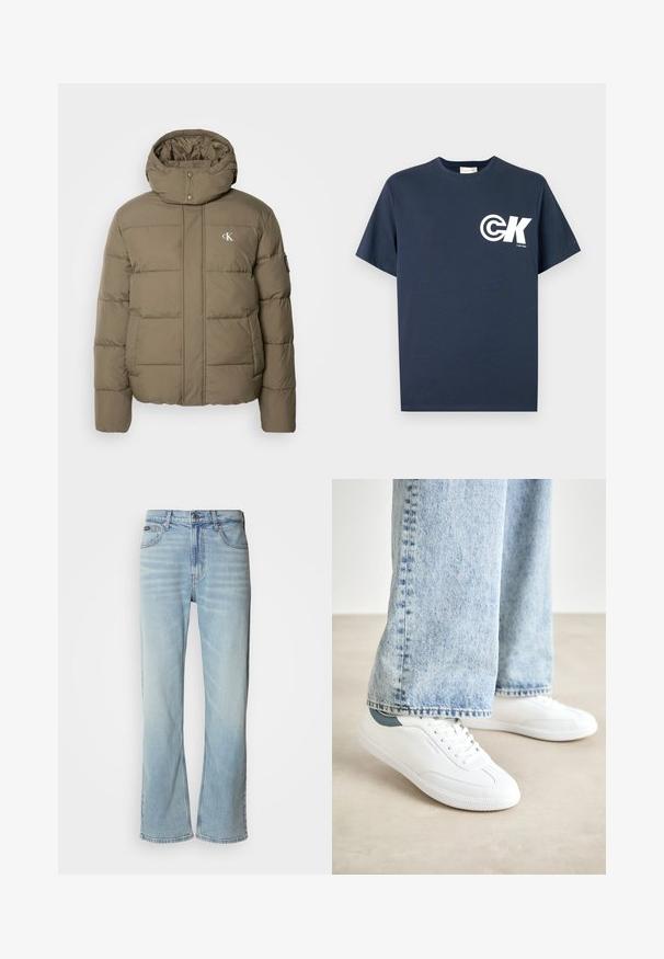 Calvin Klein Jeans ESSENTIALS JACKET - Žieminė striukė - tarmac; Tamsiai mėlynas trumpomis rankovėmis marškinėlis su apvalia iškirpte, kairėje krūtinės pusėje balta CK logotipu ir užrašu „Calvin Klein“.; Šviesiai mėlyni džinsai su tiesiu šonu, turintys penkis kišenes, mygtukų uždarymą ir subtilų išblukimą audinyje.; Baltos sportbačiai su lygiu paviršiumi, raišteliais ir tekstūruota guma, su žaliu akcentu ant kulno, derinami su šviesiai mėlynomis džinsinėmis kelnėmis.