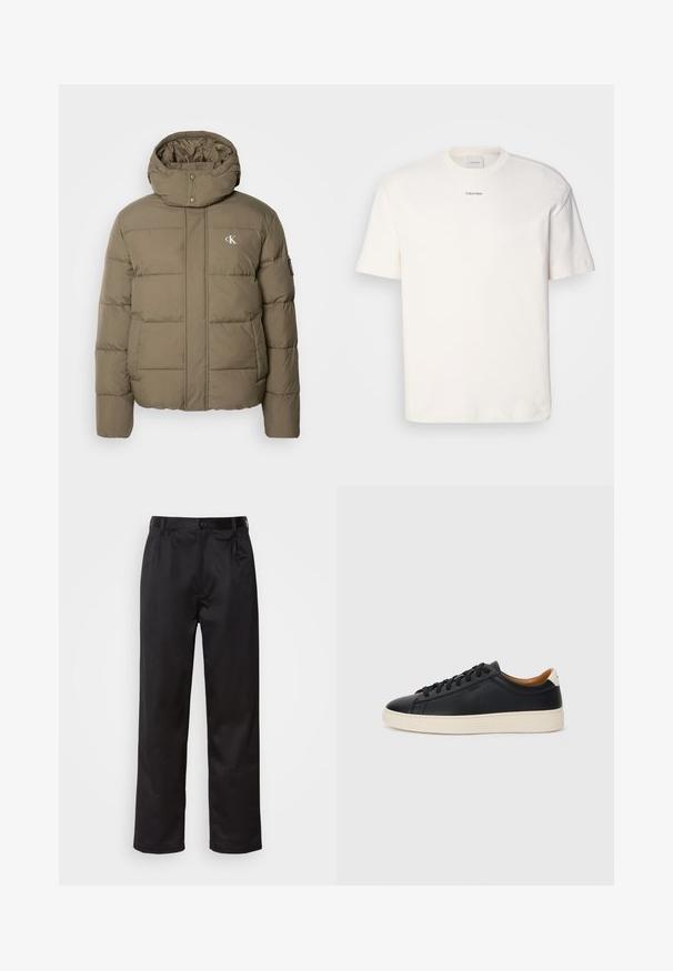 Calvin Klein Jeans ESSENTIALS JACKET - Žieminė striukė - tarmac; Balta medvilninė marškinėlių suapvalintu kaklu, trumpomis rankovėmis ir siuvinėtu "Calvin Klein" logotipu krūtinės centre. Paprastas dizainas.; Juodi kelniukai, pagaminti iš lygaus audinio, su užsegimu priekyje, raukšlėmis ir tiesiomis kojomis. Nėra matomų raštų ar akcentų.; Juodos odinės sportbačiai su lygiu paviršiumi, smėlio spalvos guminis padas, raišteliais užsegama konstrukcija ir kontrastingas kulno akcentas.