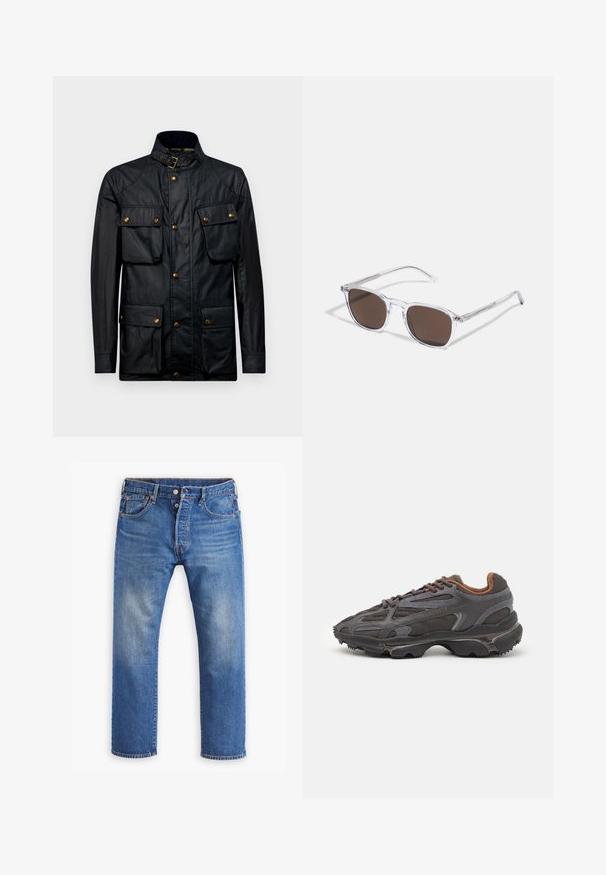 Black waterproof jacket with a high collar, gold hardware, two large front pockets, and a button closure design. Soft texture and structured fit.; Grey crew-neck sweater made of soft knit fabric. It features long sleeves, ribbed cuffs and hem, and a small logo tag on the side.; Blue denim jeans, straight leg design, with visible fading, button and zipper closure, five pockets, and orange stitching accents.; Lacoste sneakers in dark gray with mesh and synthetic material, featuring a textured sole and brown accents on the collar and branding.; Clear plastic sunglasses with rectangular brown lenses, featuring thin, transparent arms and metal accents on the temples.