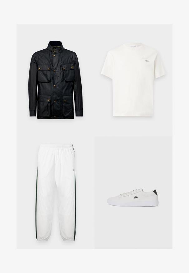 Jachetă impermeabilă neagră cu guler înalt, accesorii aurii, doua mari buzunare frontale și un design cu închidere cu nasturi. Textură moale și croială structurată.; Tricou alb din bumbac, cu mâneci scurte, având un logo brodat subtil și un design minimal. Textură moale, gât rotund.; Pantaloni de trening albi cu panouri laterale de culoare verde închis. Material ușor, talie elastică și tivuri manșonate. Prezintă o textură din plasă pe panourile laterale.; Tenis din piele albă cu vârf rotund, sistem de prindere cu șireturi în față și accent negru la călcâi. Are un mic logo brodat cu crocodil pe lateral.