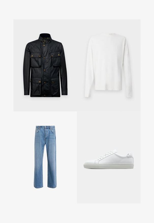 Svart vattentät jacka med hög krage, gyllene detaljer, två stora framfickor och knappstängning. Mjuk textur och strukturerad passform.; Vit långärmad skjorta i bomull med rund halsringning, sidofickor längst ner och en slät yta, visad bakifrån.; Ljust blå denimjeans med rak passform, fem fickor, knappstängning, minimal blekning och kontrasterande sömdetaljer.; Vit sneaker med en slät läderövre och låg profil. Har en rundad tå, sex snörhål och en strukturerad gummisula.