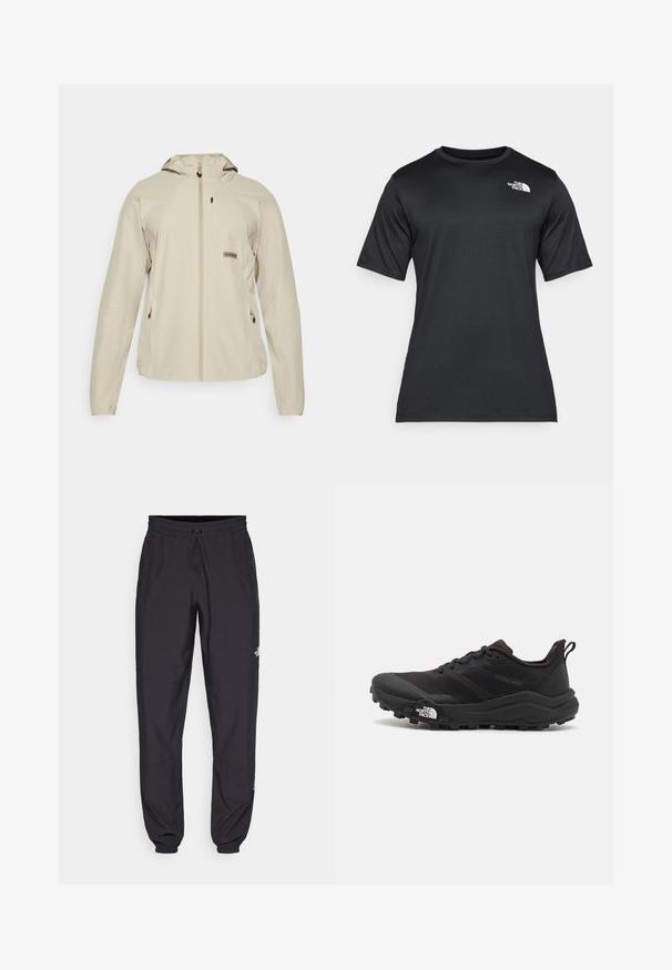 Beige színű, könnyű dzseki kapucnival, cipzáras elülső résszel, két oldalsó zsebbel és egy kis logóval a mellrészen. Sima szövettextúra.; Fekete, rövid ujjú póló, könnyű, nedvességelvezető anyagból készült. Bal oldalon fehér logóval rendelkezik, és kerek nyakú.; Fekete sportnadrág, könnyű anyagból készült, húzózsinóros derékkal, oldalsó zsebekkel és szűkített szárakkal a bokáknál.; Fekete terepfutó cipő, textúrált felső résszel, gumitalppal és megerősített lábujjrészével. Párnázott bokarésszel és húzófüllel rendelkezik a könnyű felhúzáshoz.
