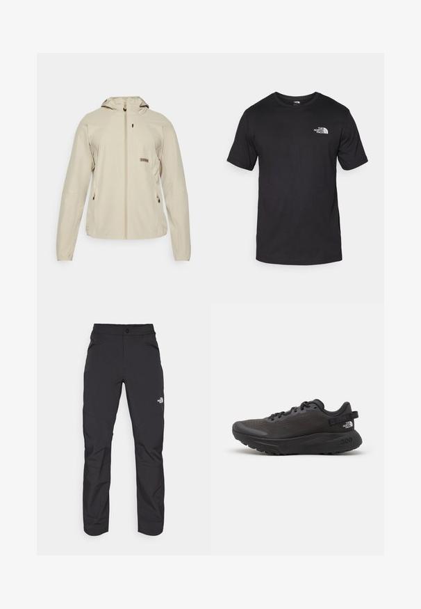 Beez värviga kergest jope, millel on kapuuts, lukuga eesmine osa, kaks küljetaskut ja väike logo detail rinnal. Sile kangastekstuuri.; Must have lühikeste varrukatega must T-särk, mis on valmistatud puuvillast, ümmarguse kaelusega ja väikese valge logoga vasakus ülanurgas.; Mustad mustad püksid, millel on lukuga eesmine tasku, sünteetilisest materjalist, kitsenevad jalad ja tugevdatud põlvepaneelid. Omab nööbiga sulgemist.; Mustad spordijalats musta värvi, millel on võrkkangast pealmine osa, pehmendatud krae ja kummist tald. Omab tekstuuri kujundust ja brändingu märgistust kannal. Kerge konstruktsioon.