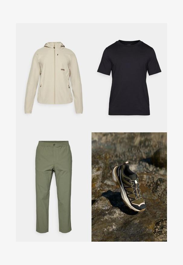 Šviesiai rudasis lengvas švarkas su kapišonu, užtrauktuku priekyje, dviem šoninėm kišenėm ir mažomis logotipo detalėmis ant krūtinės. Lygus audinio paviršius.; Juodas marškinėliai, pagaminti iš lygaus audinio, su apvalia kaklo iškirpte ir trumpomis rankovėmis. Subtilus prekės ženklas juodai atspausdintas ant krūtinės.; Olivinės žalios spalvos kelnės, pagamintos iš lengvos medžiagos, su elastinga juosmens juosta, sagos uždarymu ir tiesiomis kojomis, be matomų raštų.; Žygio batai olivų žalios ir juodos spalvos su rožiniais akcentais. Turi tekstūruotą viršutinę dalį, lankstų pado tipą, sustiprintą pirštų dalį ir spalvingą raištelių sistemą.