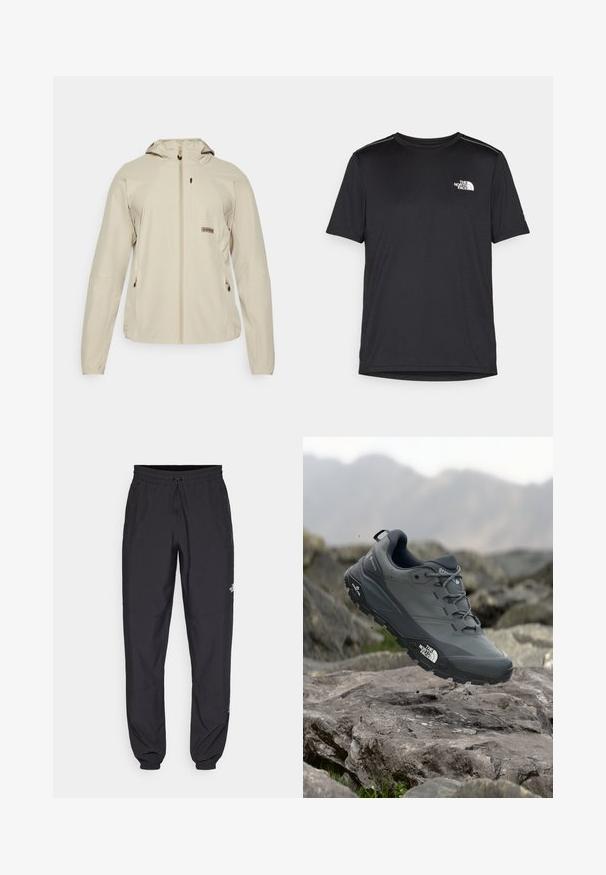 Bež jakna lahke težnosti s kapuco, z zadrgo spredaj, dvema stranskima žepoma in majhnim logotipom na prsih. Gladek tekstilni material.; Črna kratkosleevena majica iz lahkotnega materiala. Ima majhen bel logo na levem prsnem delu in diskretne poudarke na ramenskem predelu.; Črne atletske hlače iz lahkega materiala, ki imajo elastični pas z vezalko, stranske žepe in zožene manšete na gležnjih.; Sive teka za trail tek, z teksturirano zgornjimi deli, trpežnim gumijastim podplatom in ojačanim kapico za prste. Ima vezi in logotip blagovne znamke na strani.