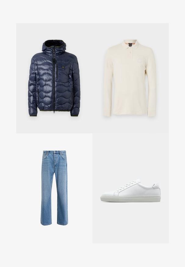Námořnická pánská péřovka s lesklým povrchem, prošívaný vzor, zapínání na zip, odnímatelná kapuce a boční kapsy. Obsahuje černé a žluté akcenty.; Pánská polokošile s dlouhým rukávem ve světle béžové barvě, vyrobená z hladkého materiálu, s límečkem, zapínáním na dva knoflíky a malou nášivkou loga na hrudi.; Světle modré džínové kalhoty s rovnými nohavicemi, pěti kapsami, zapínáním na knoflík, minimálním vyblednutím a kontrastním prošitím.; Bílé tenisky s hladkým koženým svrškem a nízkým profilem. Mají zaoblenou špičku, šest nýtů a texturovanou gumovou podrážku.