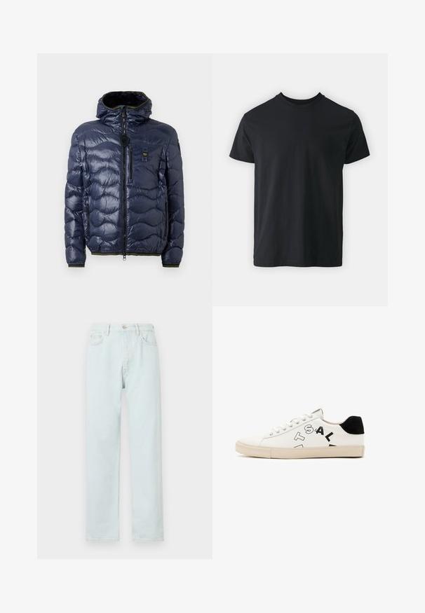 Tamsiai mėlynas pūkinis švarkas su blizgiu paviršiumi, siuvinėtu raštu, užtrauktuko uždarymu, nuimama kapota ir šoninėmis kišenėmis. Pabrėžti juodos ir geltonos spalvos akcentai.; Juodas medvilninis trumpų rankovių marškinėliai su apvaliu kaklu ir laisvu siluetu. Sklandi tekstūra ir tiesus apatinis kraštas, be matomų grafikų ar raštų.; Šviesiai mėlyni tiesaus kirpimo džinsai pagaminti iš džinsinio audinio, su mygtukų uždarymu, subtiliu blukimu ir penkių kišenių dizainu.; Balta odinė sportinė avalynė su juodais akcentais ant kulno, ant šono yra drąsus juodas užrašas ir guma. Minimalistinis dizainas.