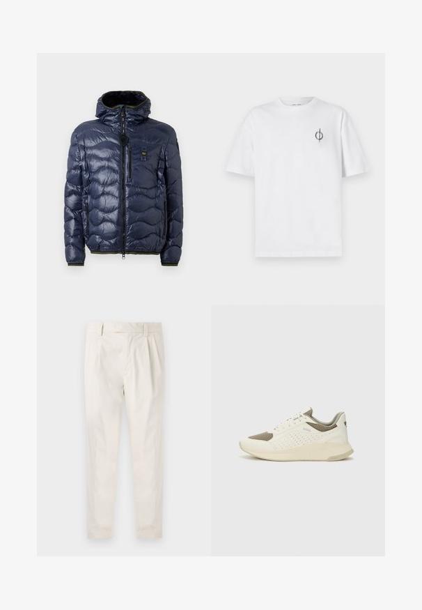 Tumesinine puffjakker, millel on läikiv viimistlus, tikandmustriga, tõmblukuga kinnitamine, eemaldatav kapuuts ja küljetaskud. Omab musti ja kollaseid detaile.; Valge puuvillane t-särk lõdva sobivusega, millel on vasakul rinnal väike must graafiline logo. Lühikesed varrukad, ümmargune kaelus.; Valged volditud püksid, mis on kohandatud sobivusega, sujuva tekstuuriga, vööloopidega ja kitsenevate jalgadega. Pole nähtavaid taskuid ega mustreid.; Valge ja heledat beeži värvi spordijalats, millel on õhuke võrkmaterjal, perforatsioonidega detailid ning tekstuuriga vahetald, millel on brändi logo kannaosas.